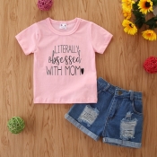 lovely Casual O Neck Letter Print Pink Girl Two-pi