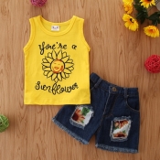 lovely Casual Letter Print Yellow Girl Two-piece S