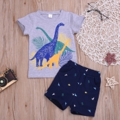 lovely Casual Cartoon Print Grey Boy Two-piece Sho
