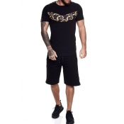 Lovely Casual O Neck Print Black Two-piece Shorts 