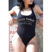 Lovely Plus Size Letter Black One-piece Swimsuit