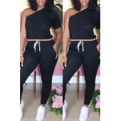 lovely Casual One Shoulder Lace-up Black Two-piece