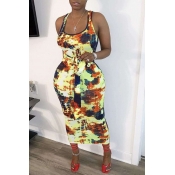 Lovely Bohemian U Neck Print Multicolor Mid Calf D