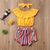 lovely Casual Rainbow Striped Yellow Girl Two-piec