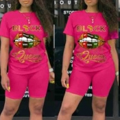Lovely Casual Lip Print Rose Red Two-piece Shorts 
