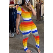 lovely Casual Rainbow Striped Multicolor Plus Size
