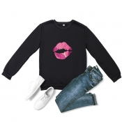 lovely Casual O Neck Lip Print Black Hoodie