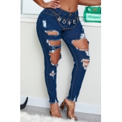 lovely Trendy Hollow-out Deep Blue Jeans