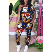 LW Street One Shoulder Print Black Two-piece Pants
