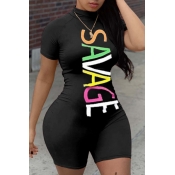 LW Plus Size Sportswear Letter Print Black One-pie