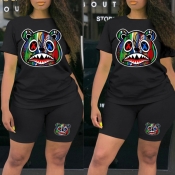 Lovely Casual O Neck Print Black Plus Size Two-pie