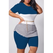 Lovely Casual Patchwork Blue Plus Size Two-piece S