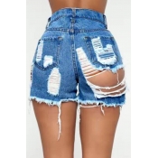 Lovely Sexy Hollow-out Deep Blue Denim Shorts