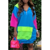 LW Casual Hooded Collar Patchwork Blue Knee Length
