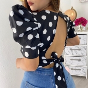 LW Stylish Backless Dot Print Black Blouse