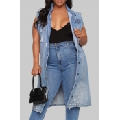 Lovely Casual Buttons Design Blue Plus Size Denim 