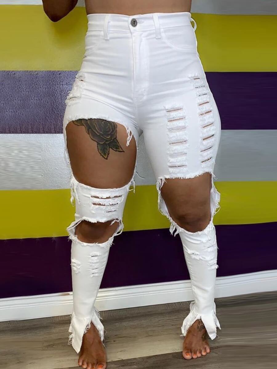 LW High Stretchy Hollow-out White Jeans