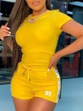 LW Casual O Neck Striped Patchwork Yellow Two Piece Shorts Set