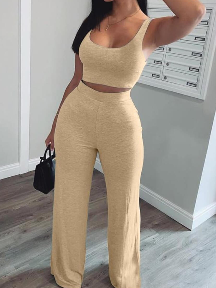 LW BASICS Sportswear U Neck Khaki Pants Set
