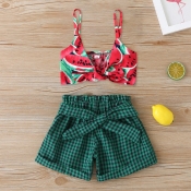 lovely Sweet Grid Print Green Girl Two-piece Short