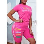 lovely Casual O Neck Letter Print Rose Red Two Pie