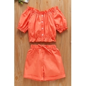 lovely Stylish Buttons Design Orange Girl Two-piec