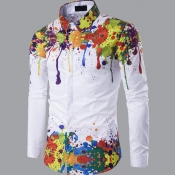 Lovely Men Casual Turndown Collar Print White Shir