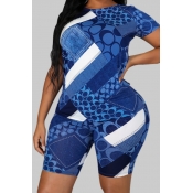 lovely Sportswear O Neck Print Blue Plus Size Two-
