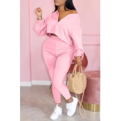 Lovely Casual Zipper Design Pink Plus Size Two-pie