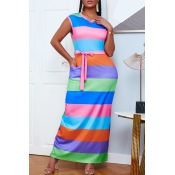 Lovely Leisure O Neck Striped Rose Red Maxi Dress