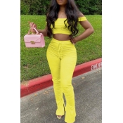 lovely Casual Dew Shoulder Yellow Two-piece Pants 