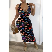 LW Trendy Butterfly Print Black Mid Calf Dress