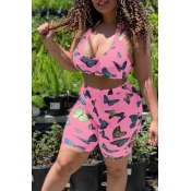 lovely Sportswear U Neck Butterfly Print Pink Two 