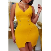 lovely Sexy V Neck Buttons Decorative Yellow Mini 