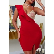 lovely Stylish V Neck Patchwork Red Mini Dress