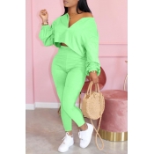 Lovely Casual Zipper Design Green Two Piece Pants 