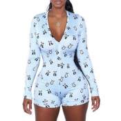 Lovely Leisure V Neck Print Baby Blue One-piece Ro