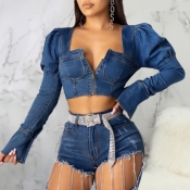 lovely Stylish Zipper Design Blue Denim Top