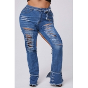 lovely Casual Broken Holes Blue Plus Size Jeans