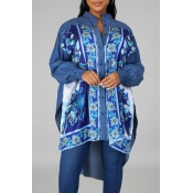 lovely Ethnic Print Patchwork Blue Mid Calf Dress