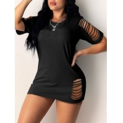 LW Leisure O Neck Hollow-out Black Mini Dress