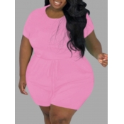 lovely Leisure Lace-up Pink Plus Size One-piece Ro