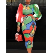 LW Street O Neck Print Green Knee Length Dress