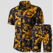 Men lovely Leisure Print Yellow Two-piece Shorts S