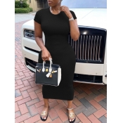 Lovely Casual O Neck Skinny Black Mid Calf Dress