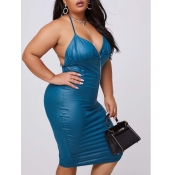 lovely Stylish Backless Blue Mid Calf Plus Size Dr
