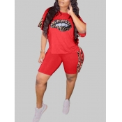 Lovely Plus Size Street Lip Print Red Two-piece Sh