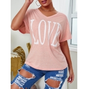 lovely Casual O Neck Letter Print Pink T-shirt