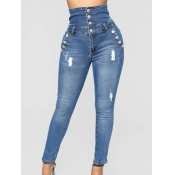 Lovely Trendy High-waisted Broken Holes Blue Jeans