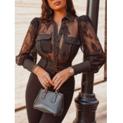 Lovely Trendy Patchwork See-through Black Blouse